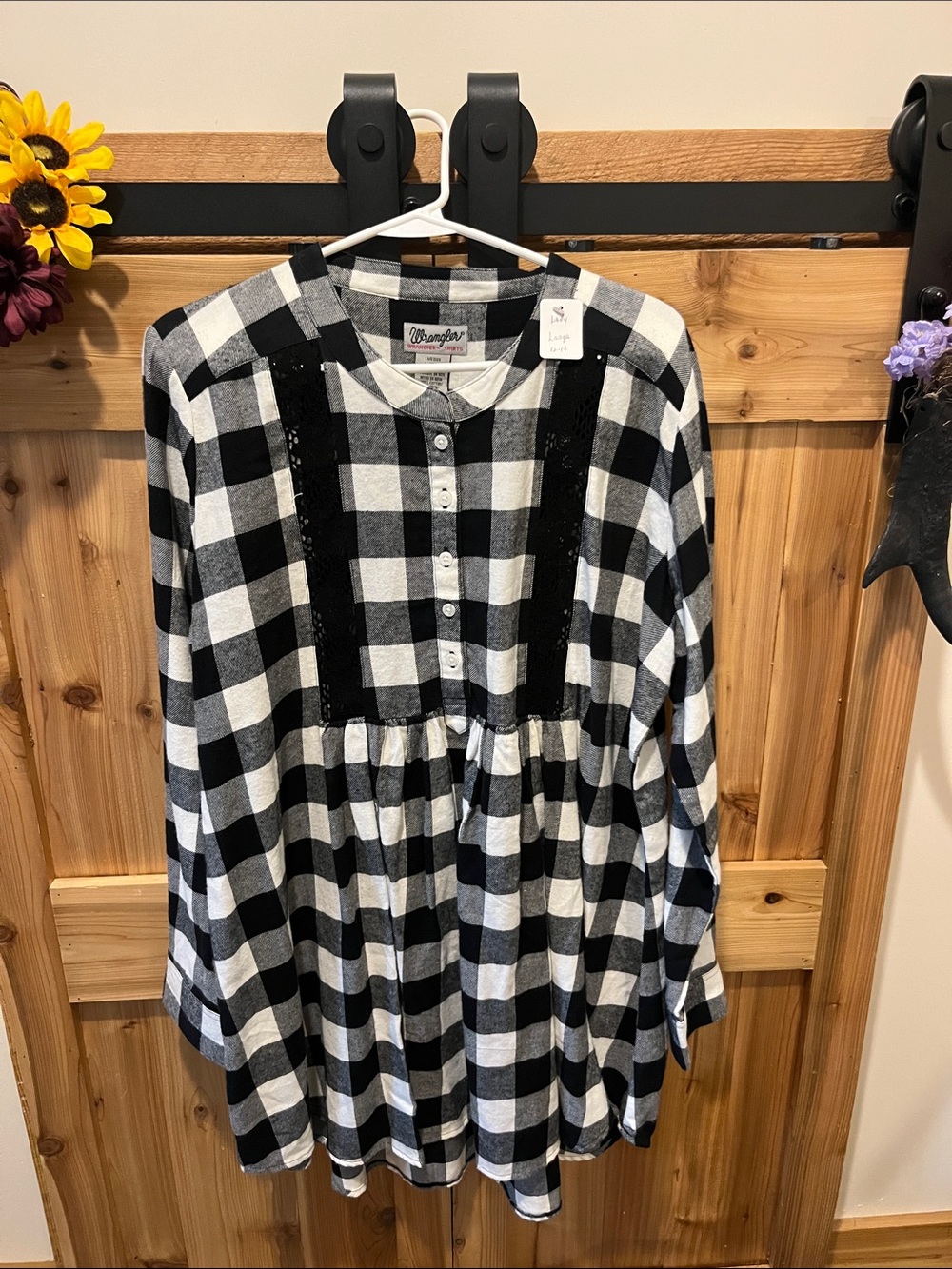 Wrangler Black and White Buffalo Check Button Front Tunic with Lace Panels